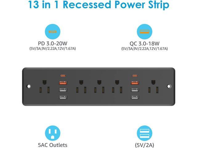 HHSOET 13 in 1 Recessed Power Strip Flat Plug, Fast Charging Furniture Outlet with USB, Conference Recessed Surge Protection Socket with 5 AC...