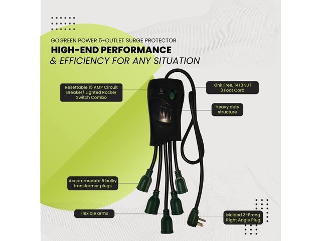 Go Green Power Inc. 5-Outlet Surge Protector, Black - Versatile, Space-Saving Right Angle Plug, One-of-a-Kind Design, Heavy Duty - Perfect for Home...