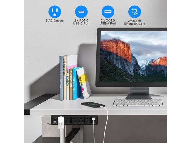 40W Under Desk Power Strip Mountable,20W USB-C Fast Charging Flat Plug Power Strip Surge Protector 1200J,9 in 1 Desk Outlet,5 Outlets,2 USB-C,2...