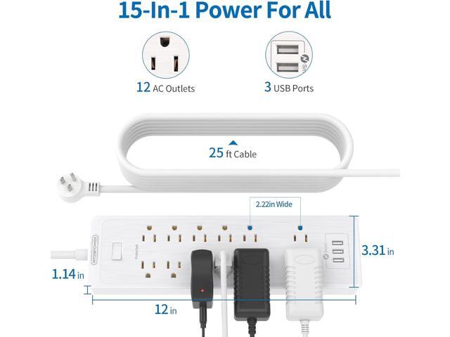 Extension Cord 25 Ft, NTONPOWER Long Surge Protector Power Strip with 12 Outlet 3 USB, 2100 Joules, 1875W/15A, Overload Protection, Flat Plug, Wall...