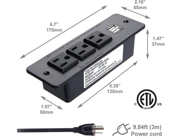 Conference Recessed Power Strip with USB 3 Outlets 1875W/12amp 2 USB Ports 2.1amp 10ft Power Cord Black
