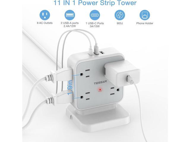 Power Strip Tower Surge Protector, TESSAN 8 AC Outlets with 3 USB (1 USB C Port), 5 FT Flat Plug Extension Cord with 900 Joules Protection, Desk...