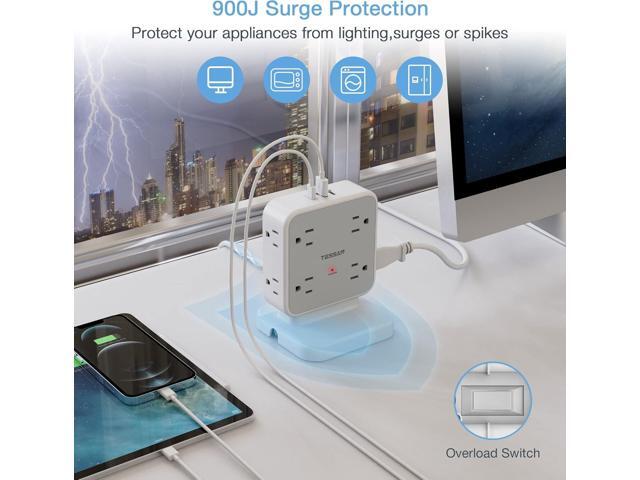Power Strip Tower Surge Protector, TESSAN 8 AC Outlets with 3 USB (1 USB C Port), 5 FT Flat Plug Extension Cord with 900 Joules Protection, Desk...