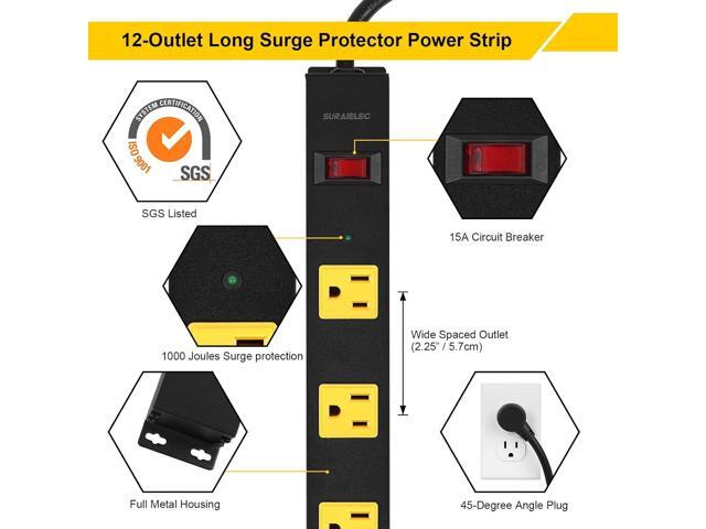 SURAIELEC 12 Outlet Long Metal Power Strip, 15 FT Cord Surge Protector, Angled Flat Plug, Wide Spaced Outlet Power Bar, 15A Breaker, Wall...