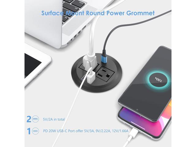 Recessed Power Grommet with AC Outlets, 20W Fast Charging USB-C Port - Flush-Mount for Desktop,Workspace Essential Desk Outlet Black