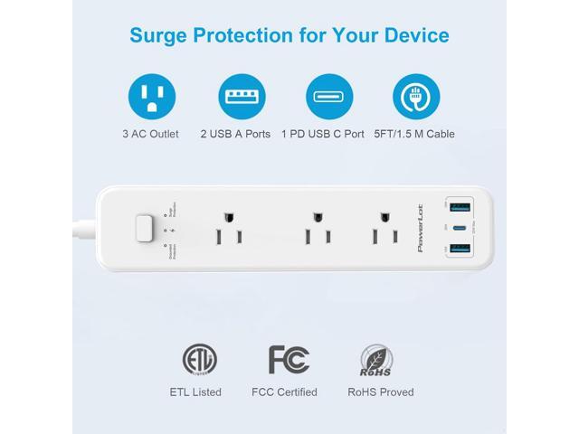 Power Strip, PowerLot USB Power Strip Surge Protector, 3 Outlets & 32W USB (1 USB C& 2 USB A) PD Power Strip with Extension Cord 5ft, ETL Flat Plug...