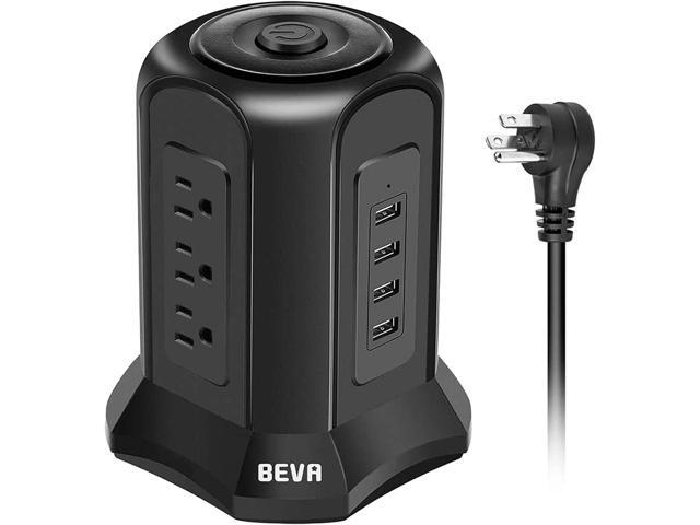 Power Strip Tower Surge Protector BEVA 10ft Flat Plug Desktop Charging Station 9 AC Outlets 4 USB Ports, 900 Joules, Long Extension Cord for Home...