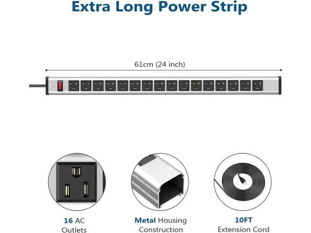 Metal 16 Outlet Power Strip, Extra Long Power Strip With10ft Cord, BTU Heavy Duty Power Strip Wall Mount, Garage Power Strip with Switch for Work...