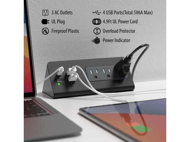 Nightstand Edge Mount Power Strip with USB-C Ports Tabletop Surge Protector Desk Clamp Power Sockets with 3 AC Outlets &4 Fast Charging USB Ports...