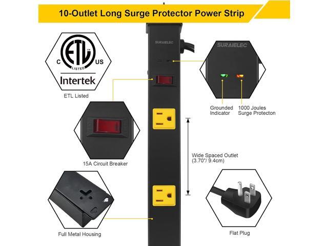 SURAIELEC 10 Outlet Long Power Strip Surge Protector, Industrial Heavy Duty Metal Shop Power Strip with Flat Plug, 1000 Joules, 15 AMP Breaker, 6FT...