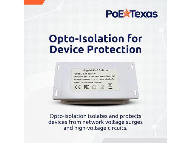 12 Volt PoE+ - IEEE 802.3at - Splitter Splits Power Over Ethernet to 12v DC & Gigabit Data with Opto-Isolation Protection for 12v 25w Devices,...
