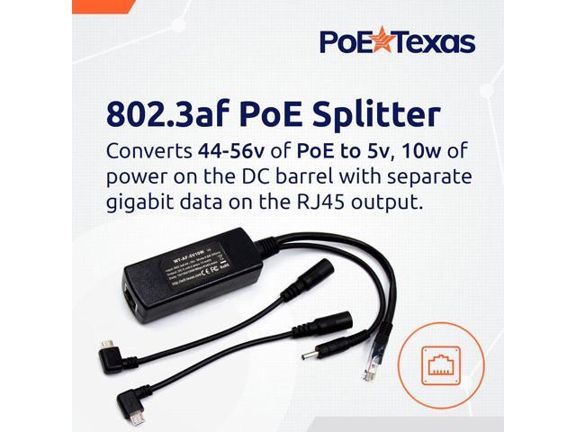 PoE Texas 802.3af Power Over Ethernet PoE Splitter + MicroUSB Connectors, 5 Volts 10 Watts Output & Gigabit Data - for 5V Power to Tablets,...