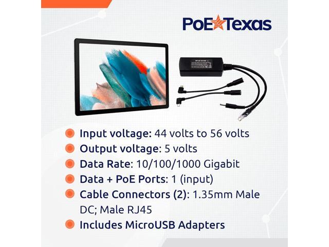 PoE Texas 802.3af Power Over Ethernet PoE Splitter + MicroUSB Connectors, 5 Volts 10 Watts Output & Gigabit Data - for 5V Power to Tablets,...