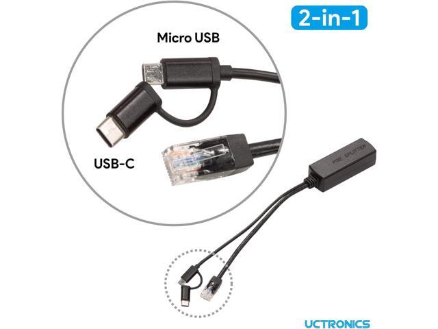 UCTRONICS Gigabit PoE Splitter 5V 3A, 2-in-1 PoE to USB C/Micro USB Adapter, IEEE 802.3af/at Compliant 10/100/1000Mbps for Raspberry Pi 3/4,...