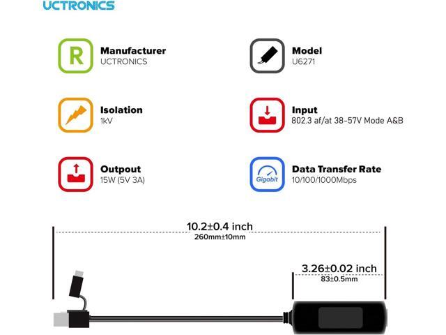 UCTRONICS Gigabit PoE Splitter 5V 3A, 2-in-1 PoE to USB C/Micro USB Adapter, IEEE 802.3af/at Compliant 10/100/1000Mbps for Raspberry Pi 3/4,...