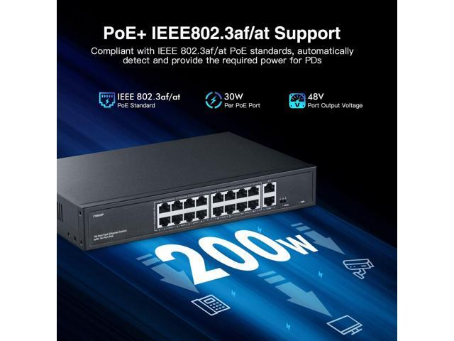 YuLinca 16 Port PoE Switch with 2 Gigabit Uplink, 10/100Mbps PoE+ Ports, 100/1000Mbps Uplink, IEEE802.3af/at, Max 200W, VLAN & PoE Extend 250m,...