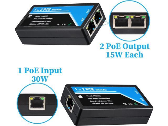 Revotech 2 Port POE Extender POE+ Repeater 100 Meters(328 ft) Extender 1 in 2 Out Comply IEEE 802.3af/at Standard 10,100Mbps for Security POE...