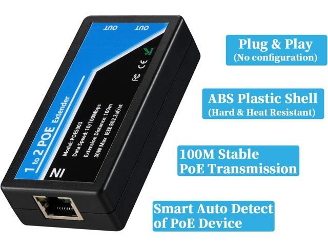 Revotech 2 Port POE Extender POE+ Repeater 100 Meters(328 ft) Extender 1 in 2 Out Comply IEEE 802.3af/at Standard 10,100Mbps for Security POE...