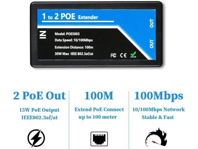 Revotech 2 Port POE Extender POE+ Repeater 100 Meters(328 ft) Extender 1 in 2 Out Comply IEEE 802.3af/at Standard 10,100Mbps for Security POE...