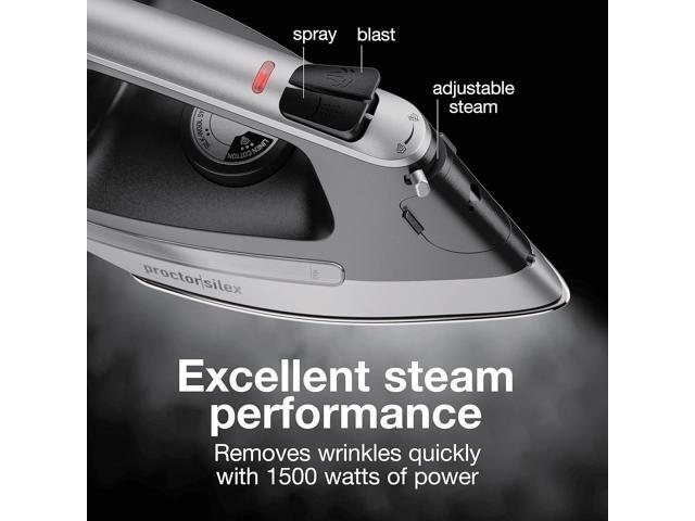Proctor Silex Steam Iron for Clothes with Durable Stainless Steel Soleplate, 1500 Watts, 8 Retractable Cord, 3-Way Auto Shutoff, Anti-Drip, Gray...
