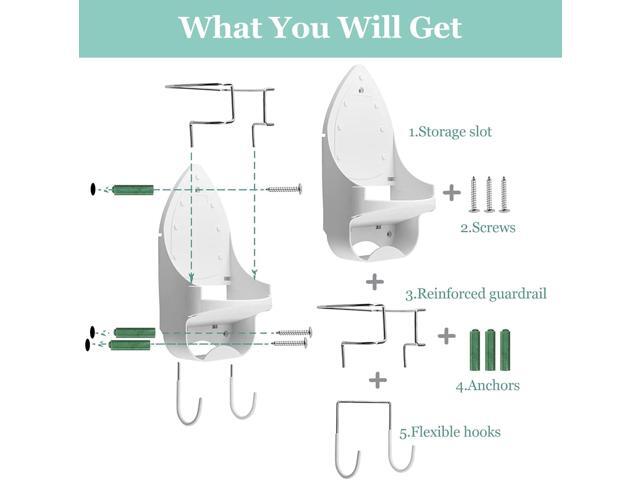 Wall Mount Iron Board Hanger and Ironing Board Storage Organizer Shelf With Removable Hooks for Household Bathroom Laundry Room (White)
