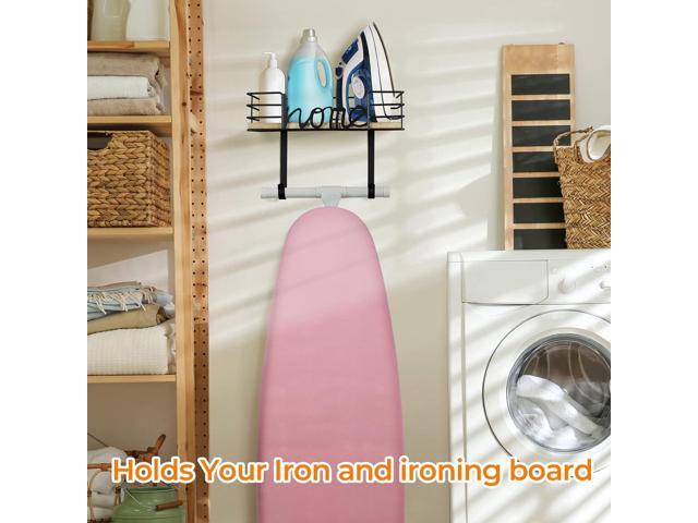 TJ. MOREE Ironing Board Hanger Wall Mount - Laundry Room Decor Iron and Ironing Board Holder with Large Storage Wooden Base Basket and Removable...