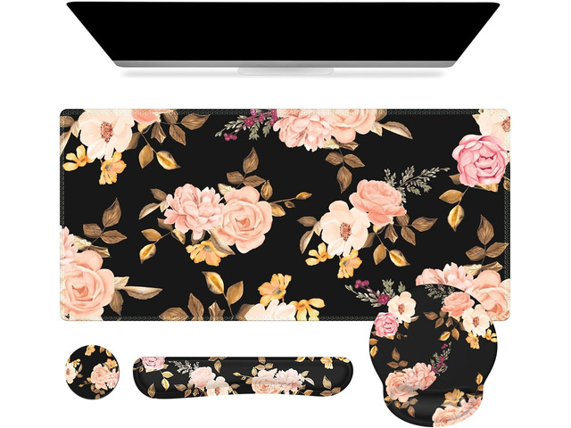 iCasso Floral 4in1 Computer Mat, 35.4'x15.7' Work Mat for Computer Retro Ergonomic Desk Pad Including Keyboard Wrist Rest, Mousepad Set for...