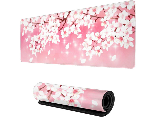 Pink Cherry Blossoms Gaming Mouse Pad XL, Large Non Slip Rubber Mousepad, Stitched Edges Desk Pad, Long Extended Mice Pad,31.5'' X 11.8''