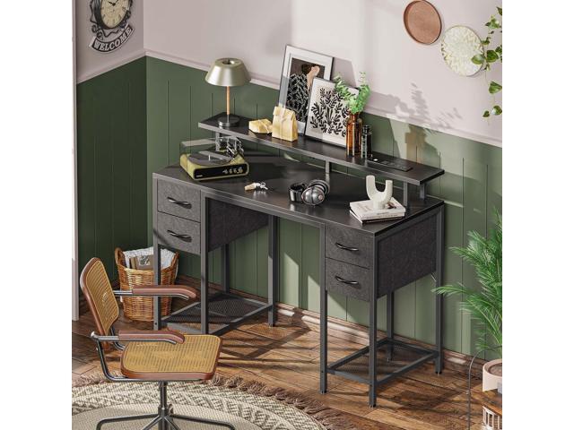Huuger 47 inch Computer Desk with 4 Drawers, Gaming Desk with LED Lights & Power Outlets, Home Office Desk with Large Storage Space for Bedroom,...
