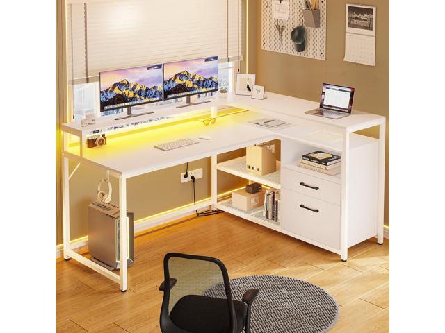 White Computer Desk with Drawers, 55' Home Office Desk with File Drawer and Storage Shelves, L Shaped Gaming Desk with LED Lights and Monitor Shelf