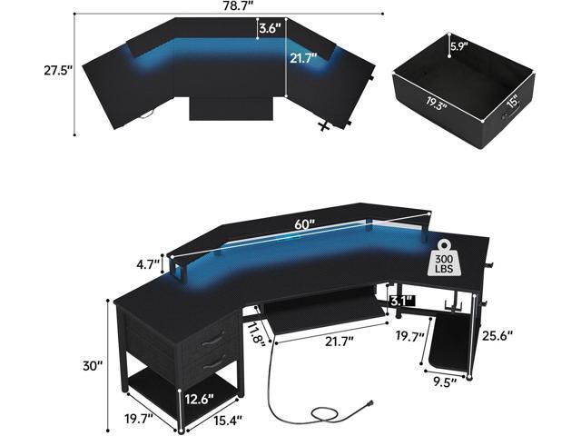 79' Gaming Desk, Computer Desk with 2 Fabric Drawers & LED Light, L Shaped Gaming Desk with Storage Shelf for Home Office, Carbon Fiber Black