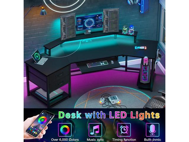79' Gaming Desk, Computer Desk with 2 Fabric Drawers & LED Light, L Shaped Gaming Desk with Storage Shelf for Home Office, Carbon Fiber Black