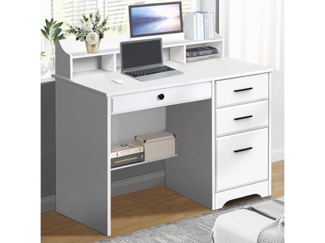 Catrimown Computer Desk with 4 Drawers and Hutch, Home Office White Writing Desk with File Drawer and Shelves for Small Spaces, Small Desk Study...