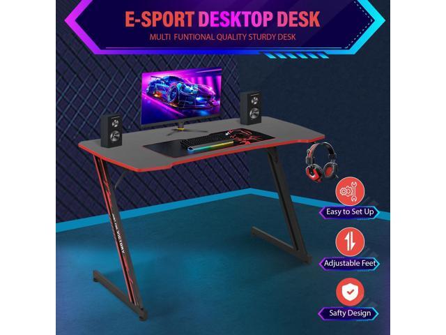 PayLessHere 47 Inch Modern Z-Shaped Gaming Desk Computer Desk for Home Office with Headphone Hook - Sturdy Workstation Table with Spacious Desktop,Red
