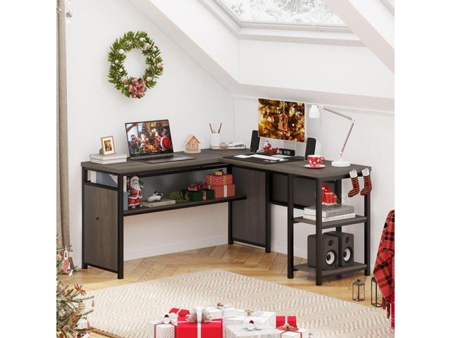 FATORRI L Shaped Desk, Industrial Reversible Home Office Computer Desk with Wood Shelves, Corner Desks with Metal Legs (Walnut Brown, 59 Inch)