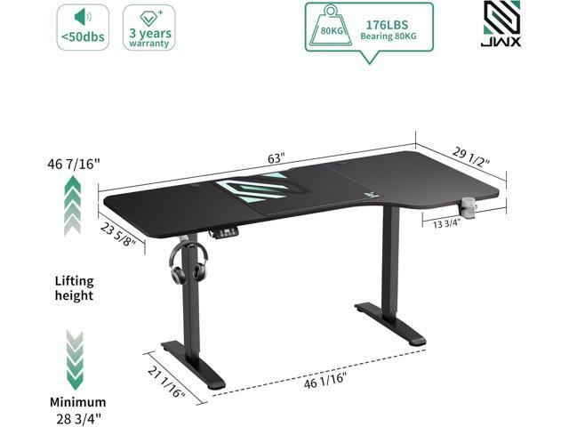 JWX Standing Adjustable Desk, 63 inches L Shaped Electric Standing Gaming Desk with Locking Wheels, Cup Holder, Headphone Hook, Cable Manager,...