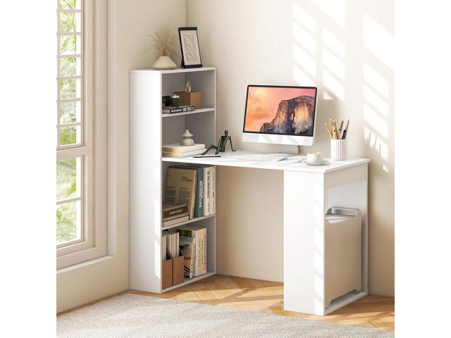 Tangkula White Computer Desk with Bookshelf, Writing Study Desk with Storage Shelves & CPU Stand, Modern Compact Computer Workstation for Home &...