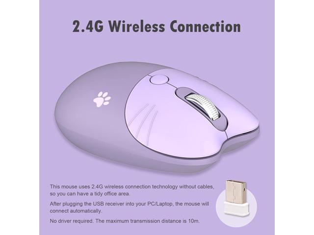 Lomiluskr Cute Cat Wireless Mouse, Lightweight Soundless Mice, 2.4G Wireless Mice, Candy Colors, Kawaii Mouse for Girls and Kids (Purple)