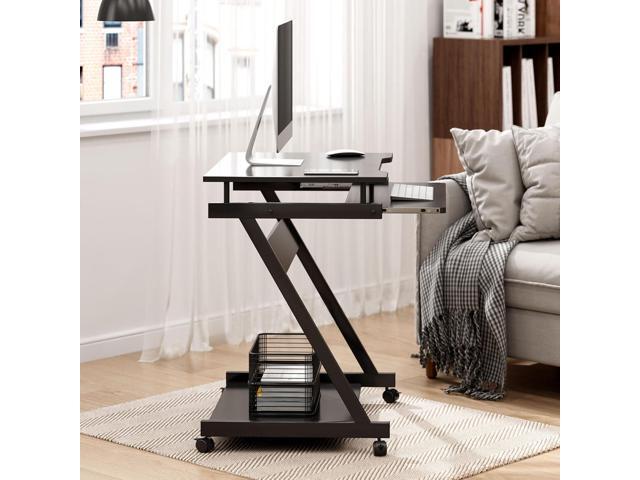 soges Small Rolling Computer Desk, Z Shape Laptop Desk Cart on Wheels, Mobile Computer Workstation for Home and Office with Keyboard Tray, Black