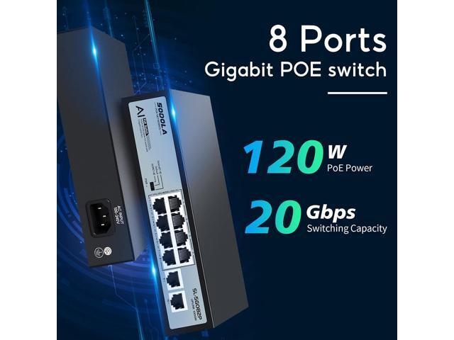 SODOLA 8 Port Gigabit PoE Switch,2 Gigabit Uplinks,120W 48V Built-in Power,802.3af/at,Plug & Play Unmanaged PoE Network Switch