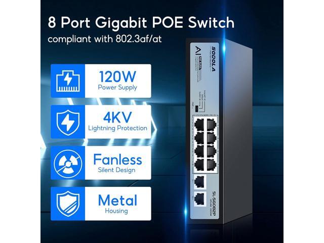 SODOLA 8 Port Gigabit PoE Switch,2 Gigabit Uplinks,120W 48V Built-in Power,802.3af/at,Plug & Play Unmanaged PoE Network Switch
