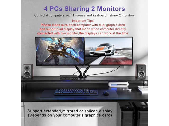 KVM Switch 4 Computers 2 Monitors HDMI 4 Port, Supports EDID, HDMI 4K 60Hz Monitor Switch for 4 PC 2 Monitors with Audio Microphone Output and 3...