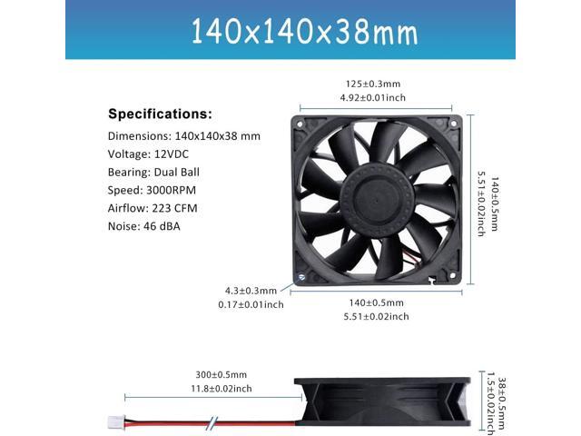 GDSTIME 140mm High Static Pressure Cooling Fan 2-Pin 140x140x38mm DC 12V Ball Bearing for Radiator Heatsink