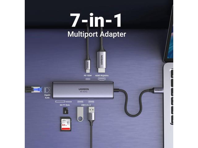 UGREEN Revodok 7 in 1 USB C Hub Gigabit Ethernet Adapter 4K@60Hz HDMI, 100W PD Charging, USB A Data Ports, SD/TF Card Reader Compatible with Mac...