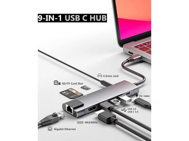 USB C Hub 9 in 1 Multiport Adapter w/Gigabit Ethernet, 100W PD, 4K@60Hz, 2 USB 3.0, USB C 3.0 Data, SD/TF Card Reader, 3.5mm Jack, Dongle Docking...