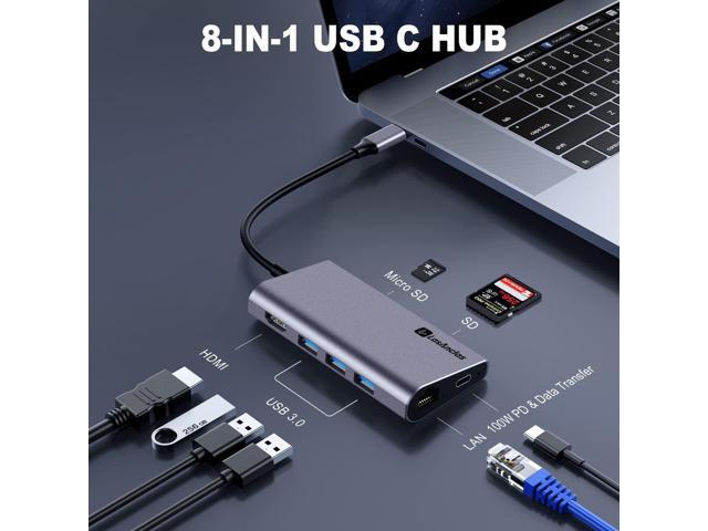 USB C Hub Ethernet Multiport Adapter, LasAnclas 8-in-1 USB C Docking Station 4K HDMI, 100W PD, 3 USB 3.0, 1Gbps LAN USB C Dongle, SD/TF Reader USB...