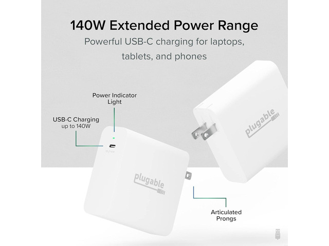 Plugable 140W USB C Charger, GaN Wall Charger for Laptop, PD 3.1 (EPR) Power Adapter, Compatible with MacBook Pro, MacBook Air iPad Pro, Surface...