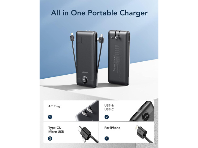 VEGER Portable Charger for iPhone Built in Cables and Wall Plug, 10000mah Slim Fast Charging USB C Power Bank, Travel Essential Battery Pack...