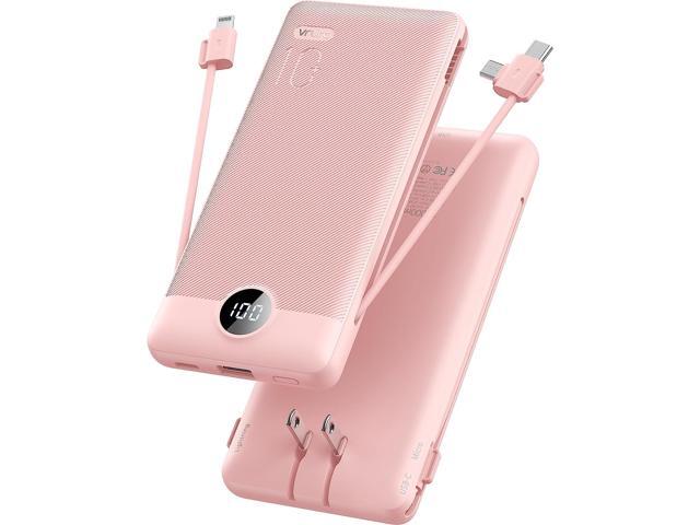 VRURC 10000mAh Portable Charger with Built-in Cables and AC Wall Plug Ultra Slim Power Bank USB C Phone Charger 5 Output 2 Input External Battery...