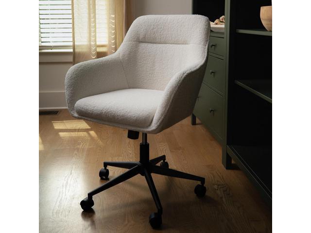 Martha Stewart Rayna Swivel Task Chair with Flared Arms for Home Office in White Boucle with Oil Rubbed Bronze Frame